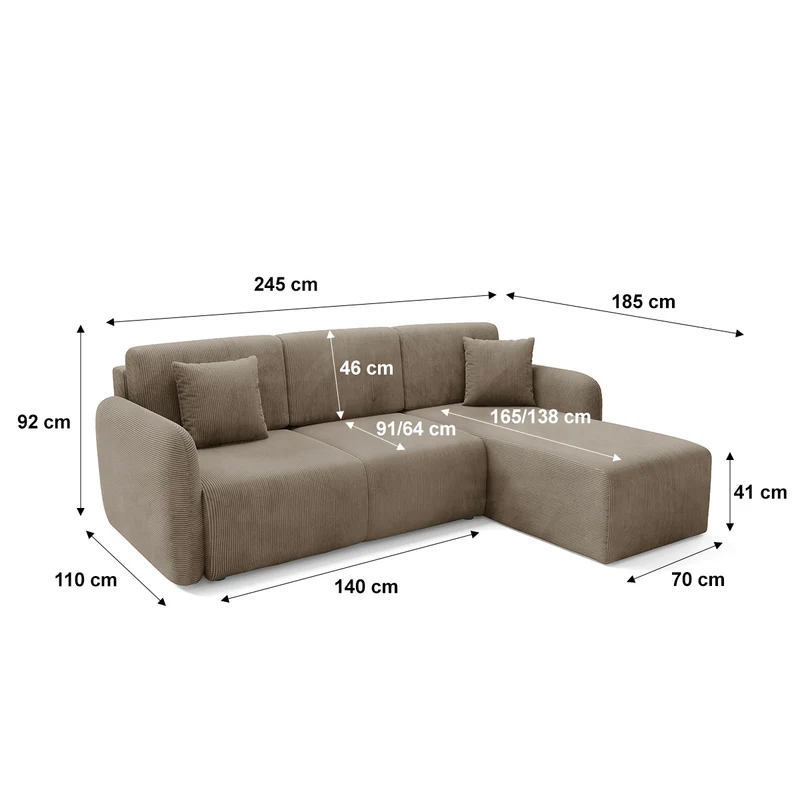 Canapé d'angle réversible et convertible 3 places avec coffre Dora Taupe
