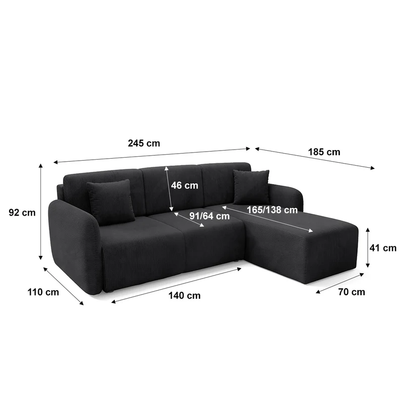 Canapé d'angle réversible et convertible 3 places avec coffre Dora Noir