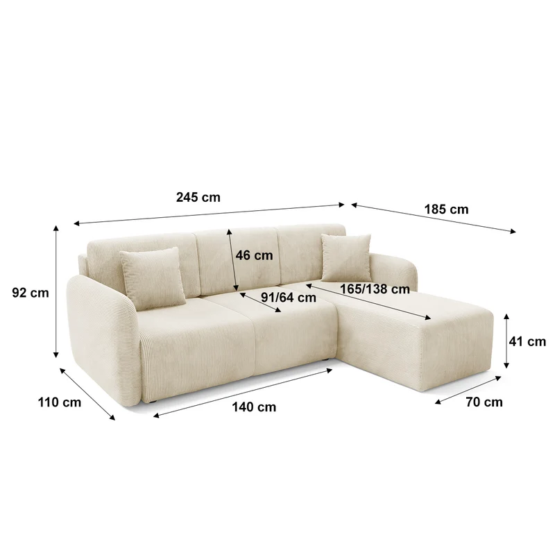 Canapé d'angle réversible et convertible 3 places avec coffre Dora Beige