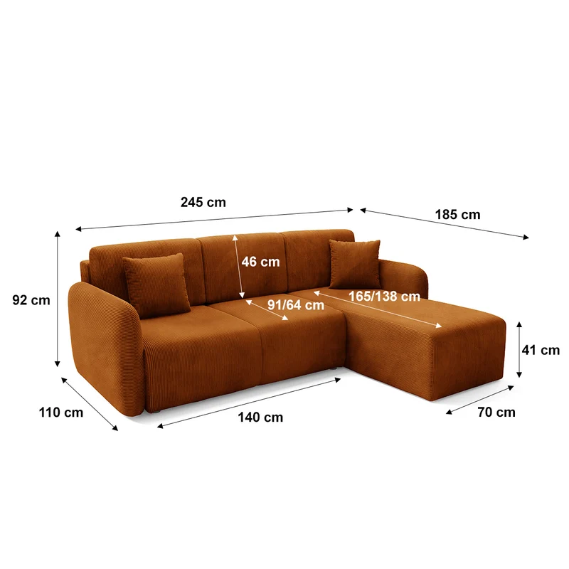 Canapé d'angle réversible et convertible 3 places avec coffre Dora Terracotta
