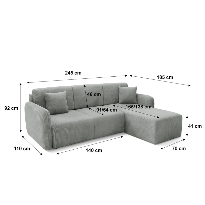 Canapé d'angle réversible et convertible 3 places avec coffre Dora Gris clair