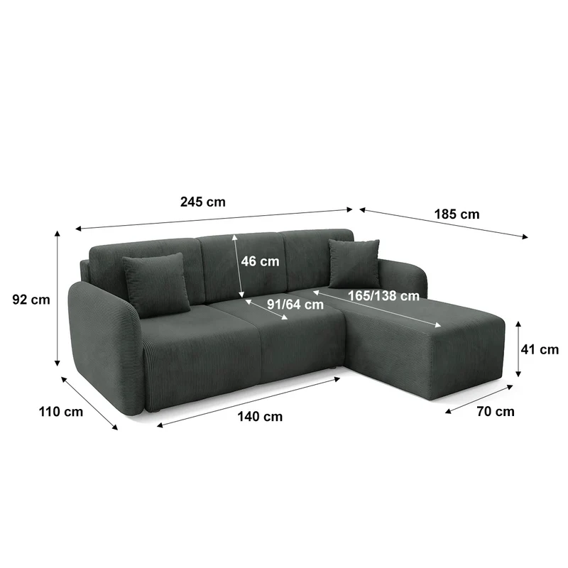 Canapé d'angle réversible et convertible 3 places avec coffre Dora Gris foncé