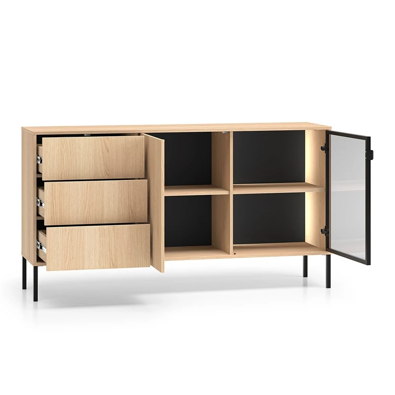 Buffet 2 portes 3 tiroirs LED inclus Paige Bois et Noir