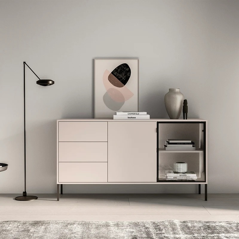 Buffet 2 portes 3 tiroirs LED inclus Paige Cachemire et Noir