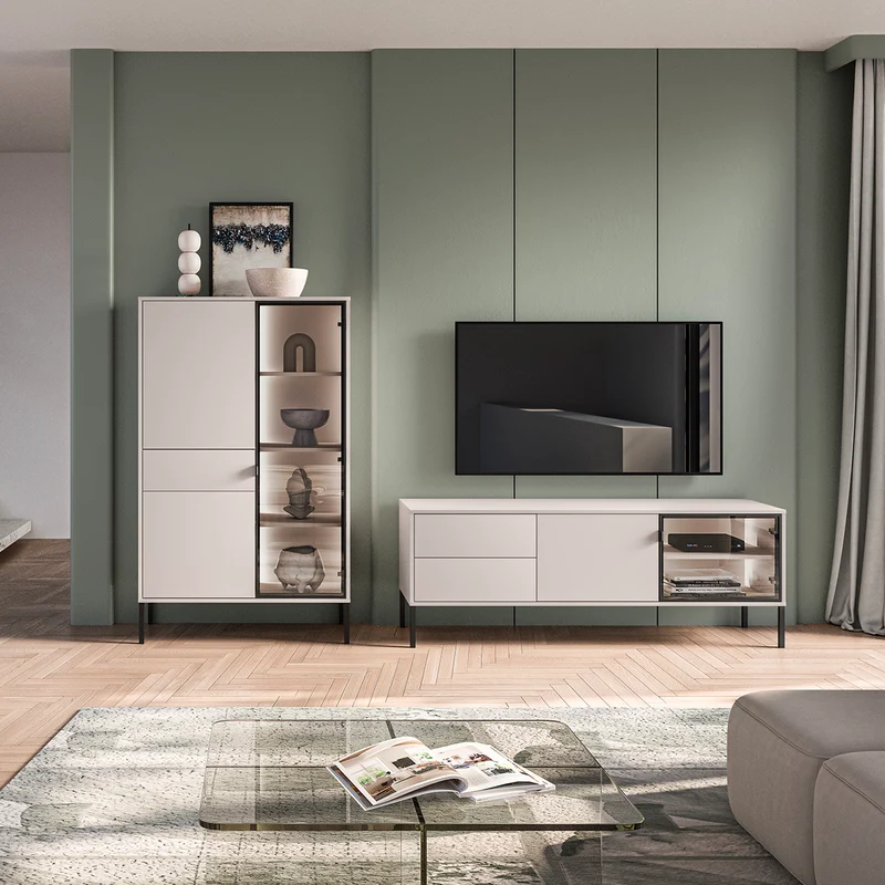 Meuble TV 2 portes 2 tiroirs 160 cm LED inclus Paige Cachemire et Noir