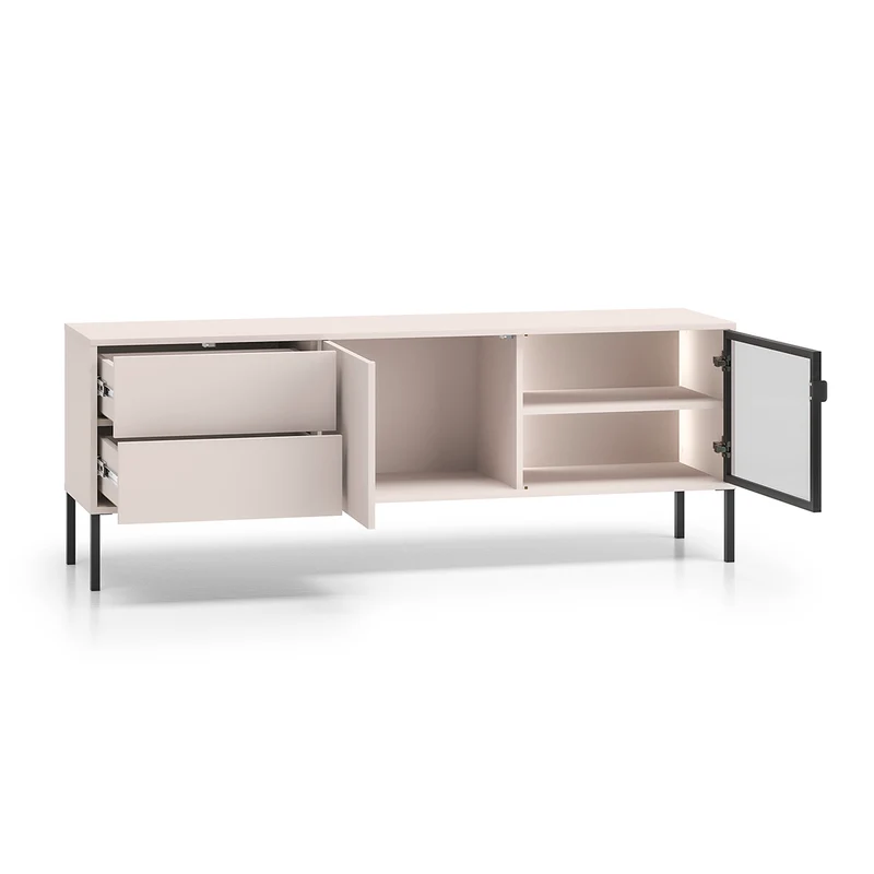 Meuble TV 2 portes 2 tiroirs 160 cm LED inclus Paige Cachemire et Noir