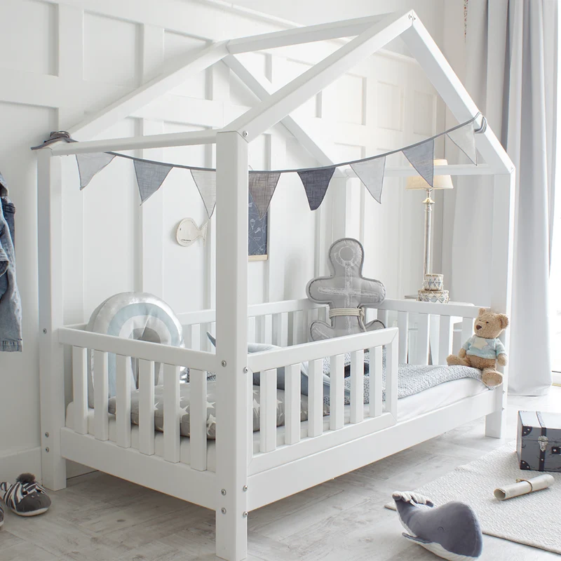 Lit cabane 90x200 barrière et sommier inclus pieds 10 cm Roxane Blanc