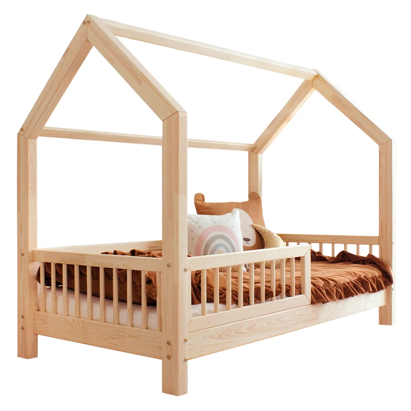 Lit cabane 90x200 barrière et sommier inclus pieds 10 cm Sofia Bois