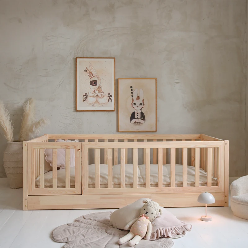 Lit au sol 120x200 entrée gauche barrière et sommier inclus Bambino Bois