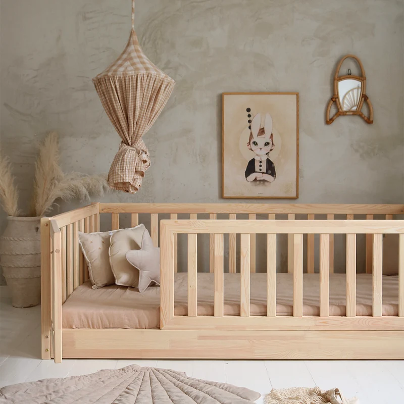 Lit au sol 120x200 entrée gauche barrière et sommier inclus Bambino Bois