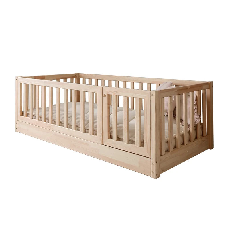 Lit au sol 120x200 entrée droite barrière et sommier inclus Bambino Bois