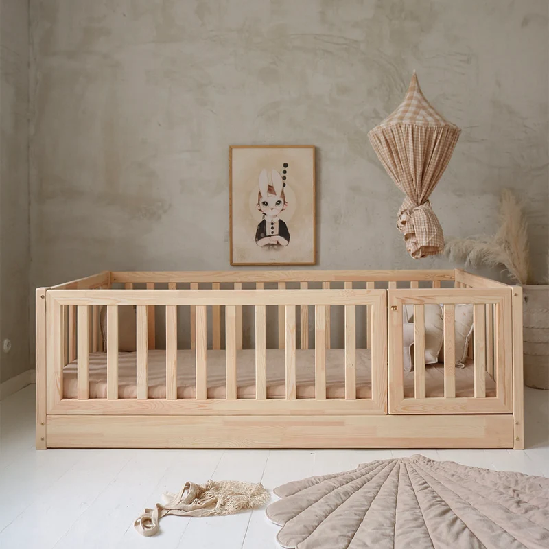 Lit au sol 120x200 entrée droite barrière et sommier inclus Bambino Bois