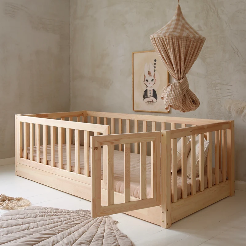 Lit au sol 120x200 entrée droite barrière et sommier inclus Bambino Bois