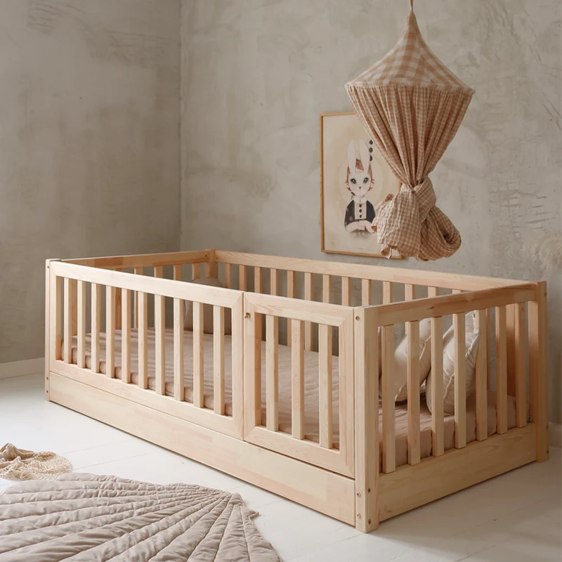 Lit au sol 120x200 entrée droite barrière et sommier inclus Bambino Bois