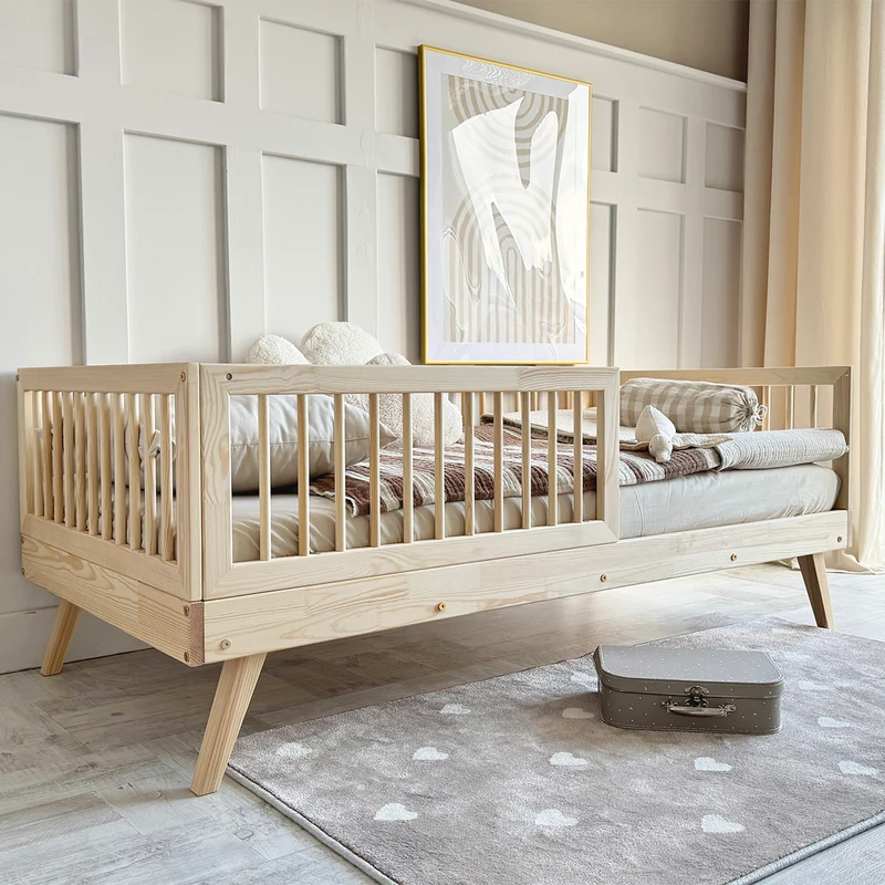 Lit 90x190 barrière haute et sommier inclus pieds 20 cm Maylis Bois