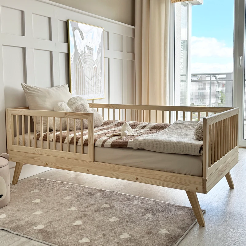 Lit 90x190 barrière haute et sommier inclus pieds 20 cm Maylis Bois