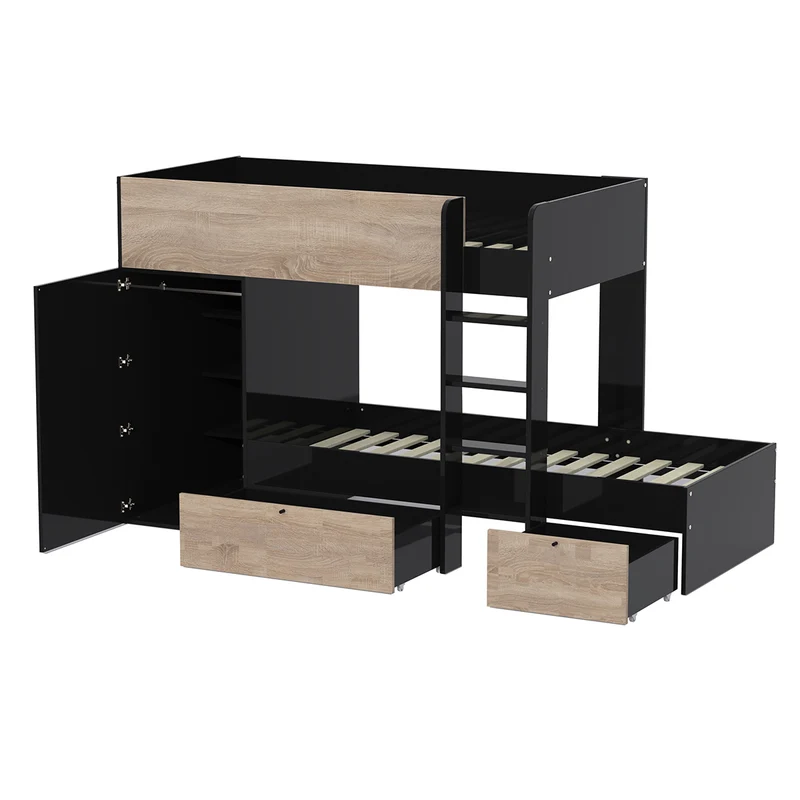 Lit superposé 90x190 - armoire - tiroirs - 2 sommiers - Weber Industries Twin Noir et bois