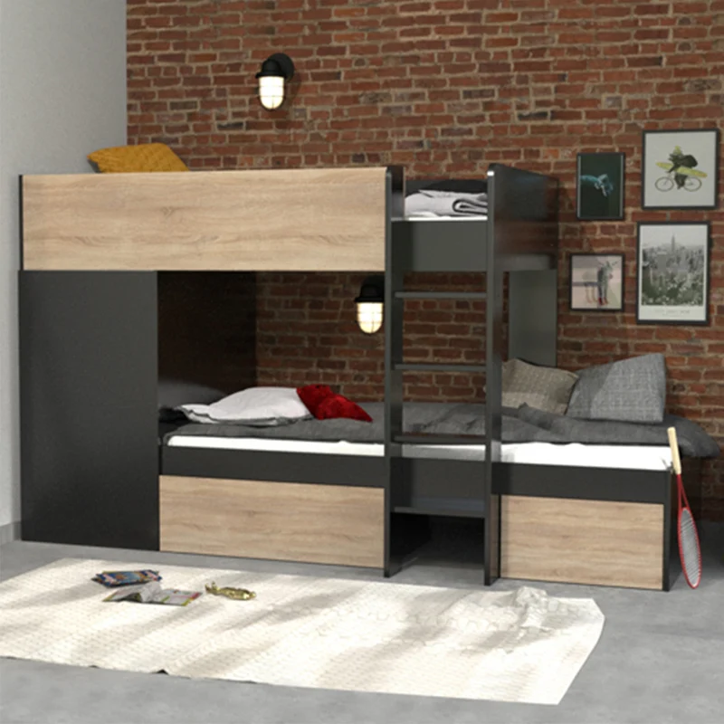 Lit superposé 90x190 - armoire - tiroirs - 2 sommiers - Weber Industries Twin Noir et bois