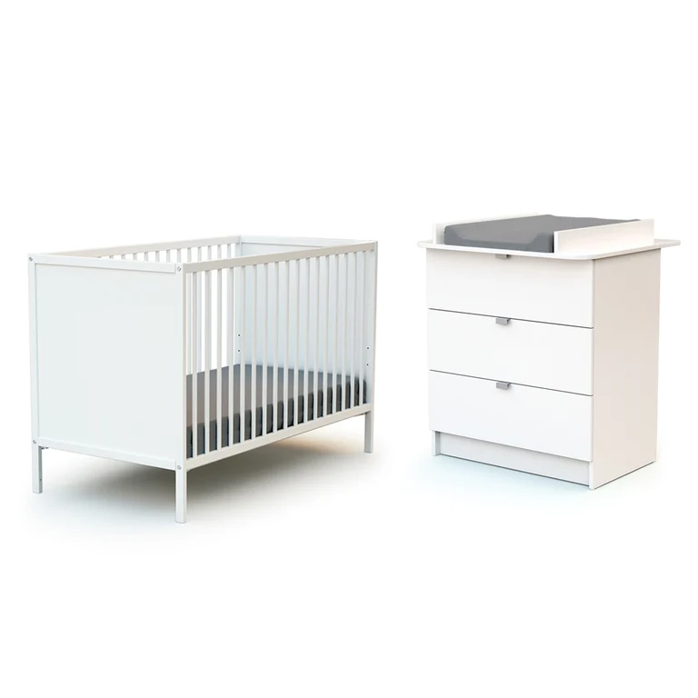 Lit bébé 60x120 et commode 3 tiroirs avec plan à langer AT4 Webaby Blanc
