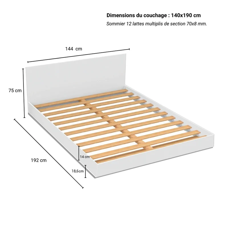 Lit 140x190 sommier inclus Cora Blanc