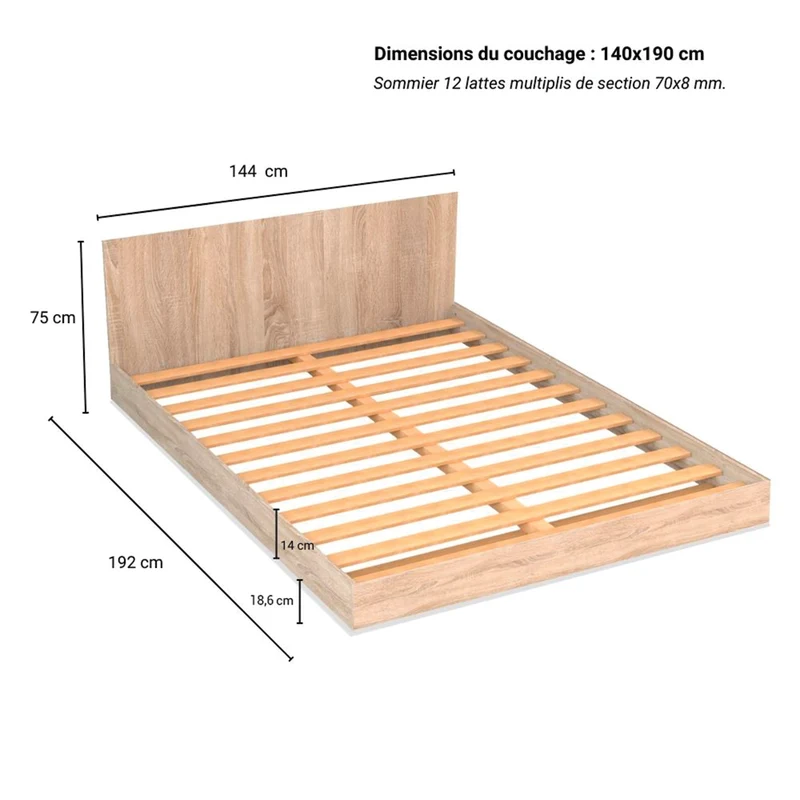 Lit 140x190 sommier inclus Cora Bois blanchi