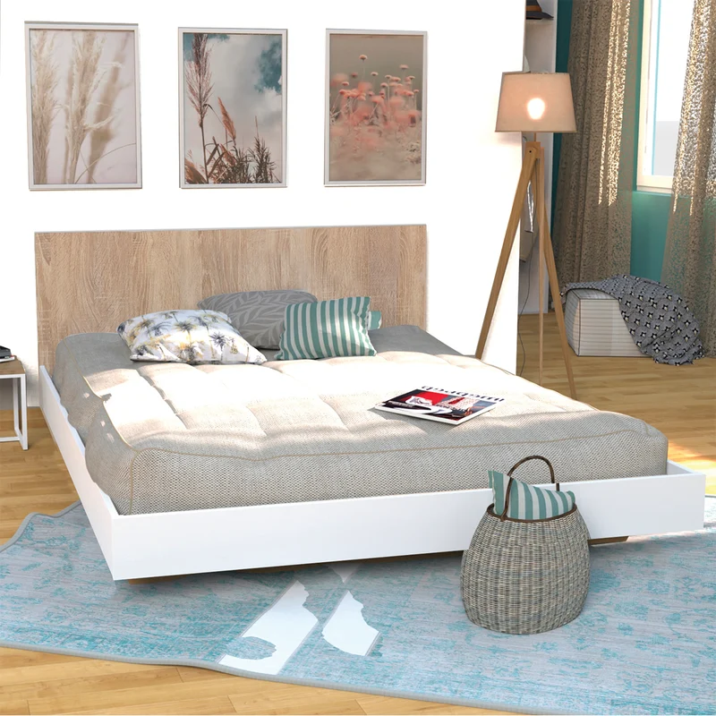 Lit 140x190 sommier inclus Cora Blanc et Bois blanchi
