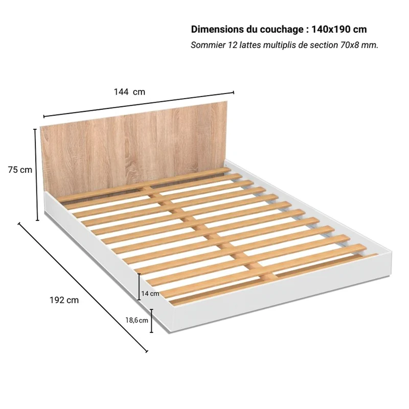 Lit 140x190 sommier inclus Cora Blanc et Bois blanchi