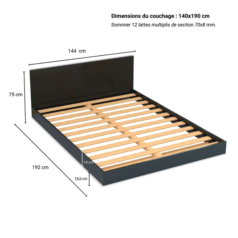 Lit 140x190 sommier inclus Cora Noir