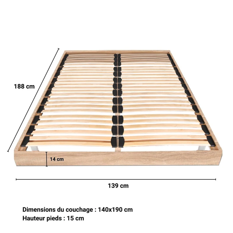 Sommier sur pied 140x190 26 lattes Izar Bois blanchi