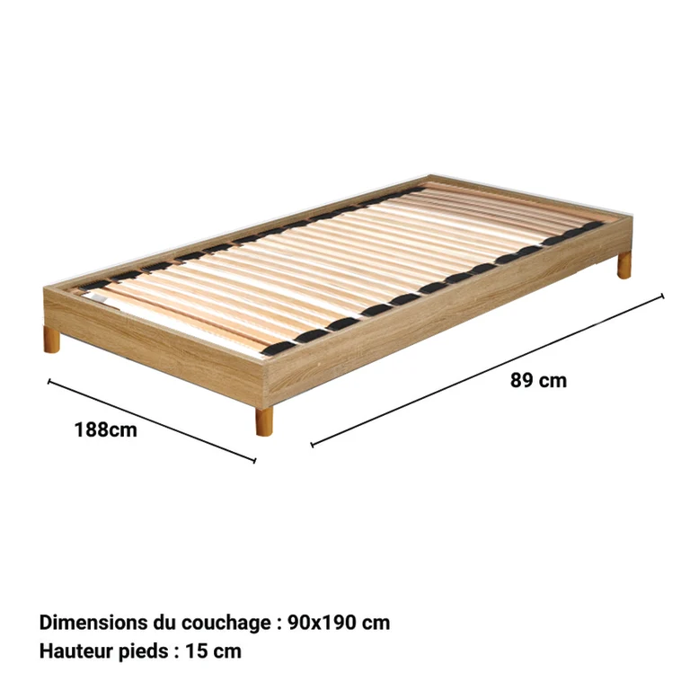 Sommier sur pied 90x190 26 lattes Izar Bois blanchi