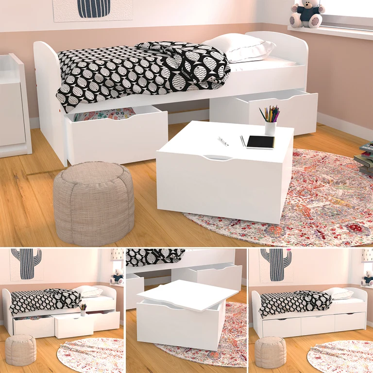 Lit 90x190 sommier inclus et 3 tiroirs Lena Blanc