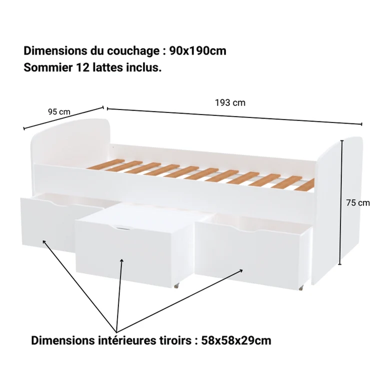Lit 90x190 sommier inclus et 3 tiroirs Lena Blanc