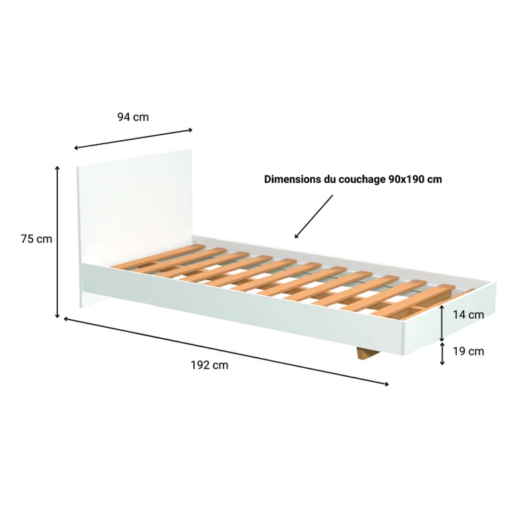Lit 90x190 sommier inclus Cora Blanc
