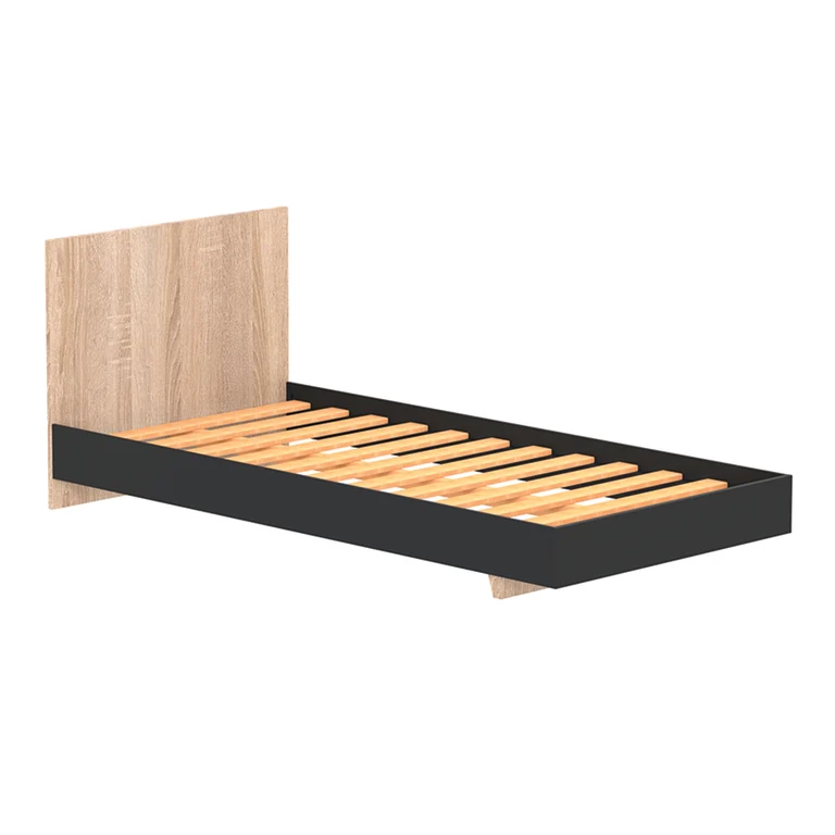 Lit 90x190 sommier inclus Cora Noir et Bois blanchi
