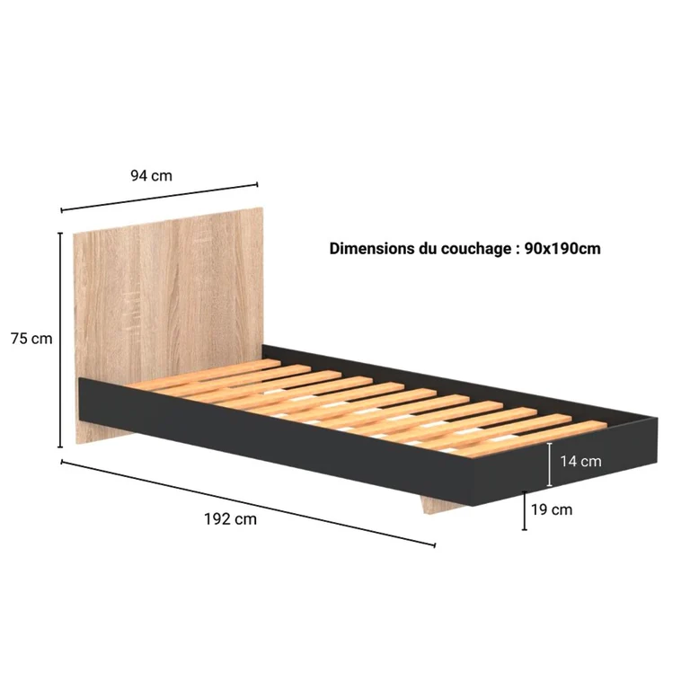 Lit 90x190 sommier inclus Cora Noir et Bois blanchi