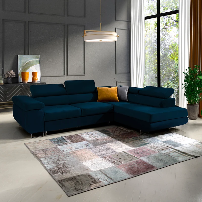 Canapé d'angle convertible droit 4 places Wilson velours Bleu