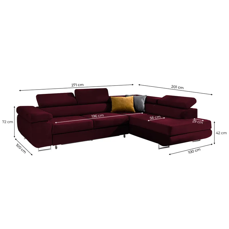 Canapé d'angle convertible droit 4 places Wilson velours Bordeaux