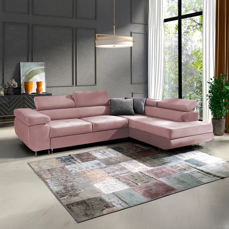 Canapé d'angle convertible droit 4 places Wilson velours Rose
