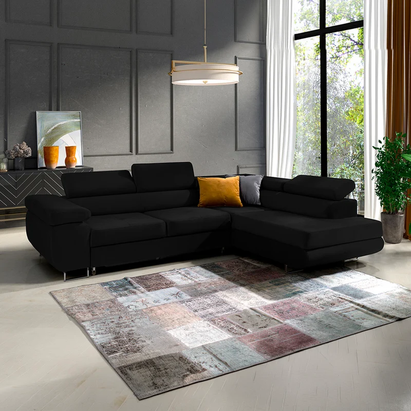 Canapé d'angle convertible droit 4 places Wilson velours Noir