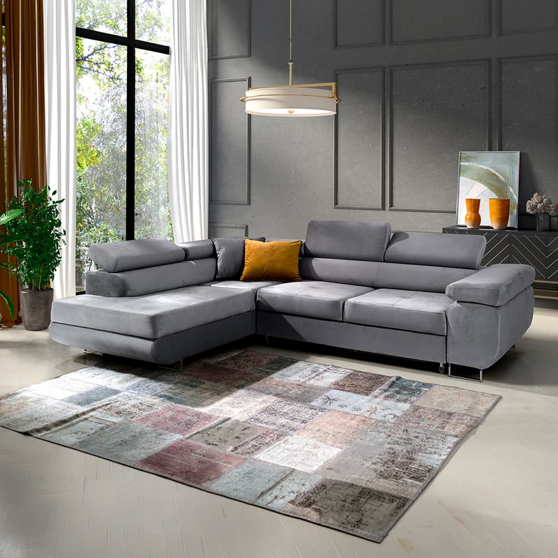 Canapé d'angle convertible gauche 4 places Wilson velours Gris