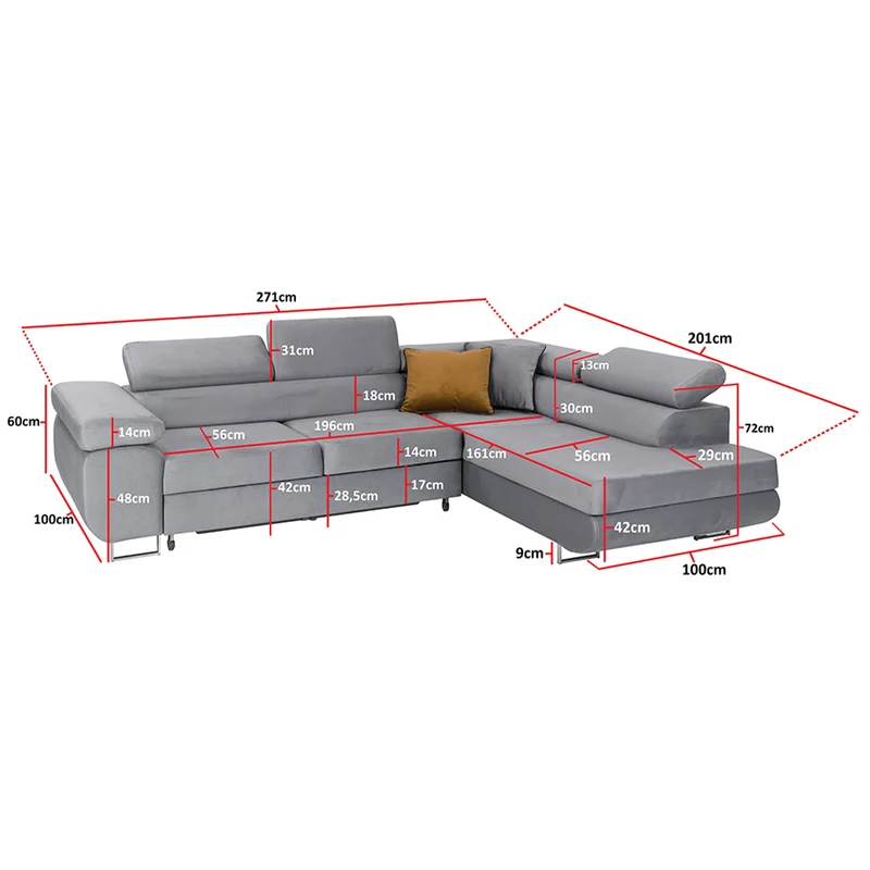Canapé d'angle convertible gauche 4 places Wilson velours Gris