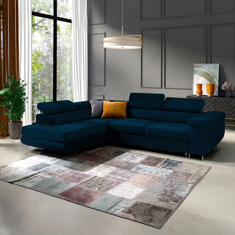 Canapé d'angle convertible gauche 4 places Wilson velours Bleu