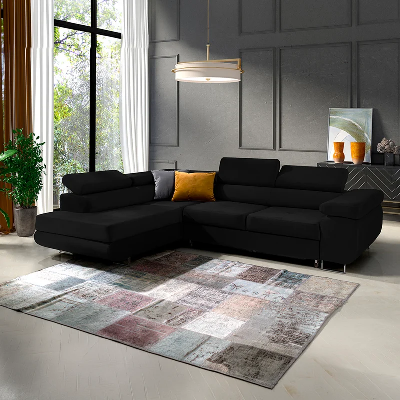 Canapé d'angle convertible gauche 4 places Wilson velours Noir