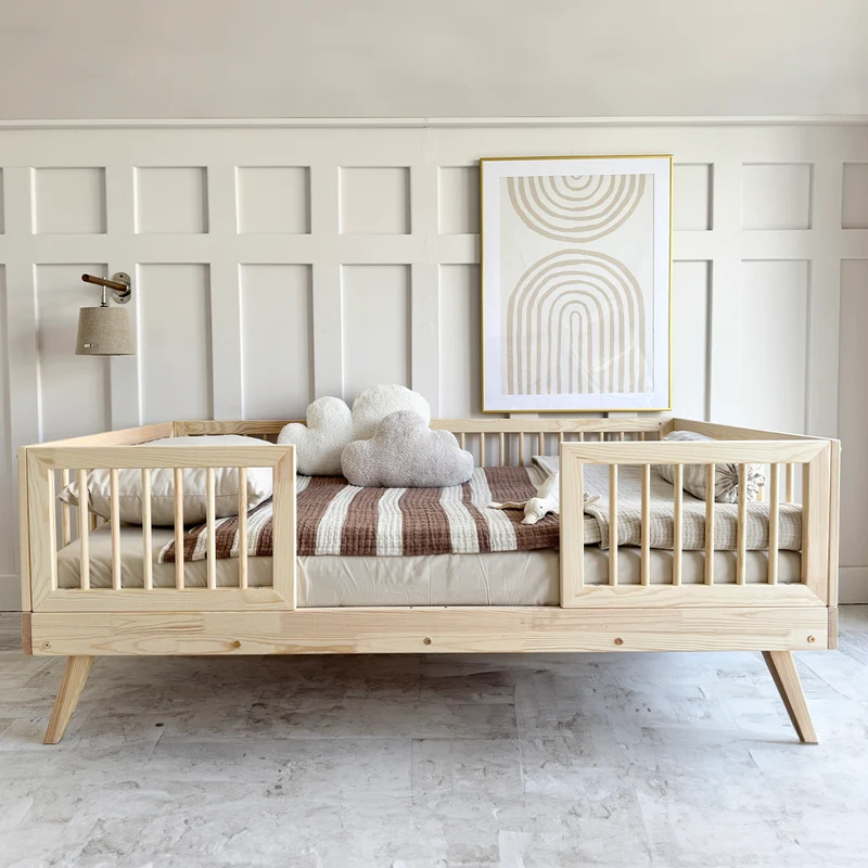 Lit 90x190 barrières hautes et sommier inclus pieds 20 cm Maylis Bois