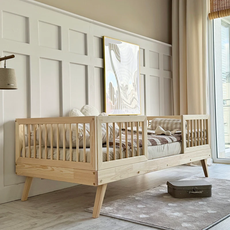 Lit 90x200 barrières hautes et sommier inclus pieds 20 cm Maylis Bois