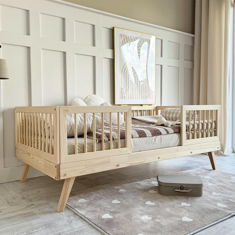 Lit 90x200 barrières hautes et sommier inclus pieds 20 cm Maylis Bois