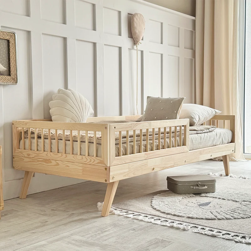 Lit 90x200 barrière et sommier inclus pieds 20 cm Maylis Bois
