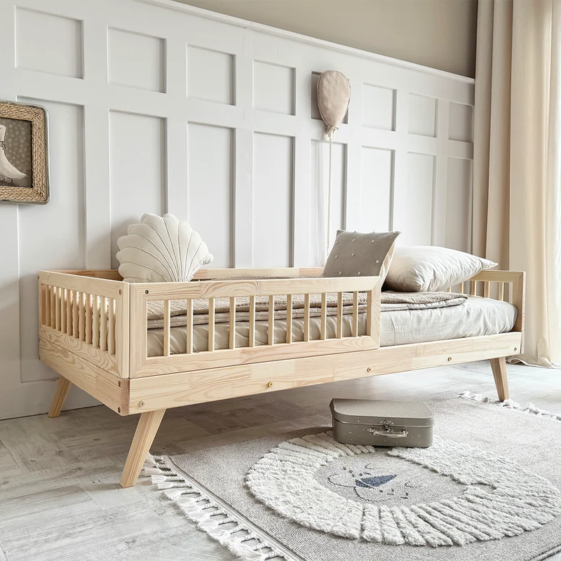 Lit 90x200 barrière et sommier inclus pieds 20 cm Maylis Bois
