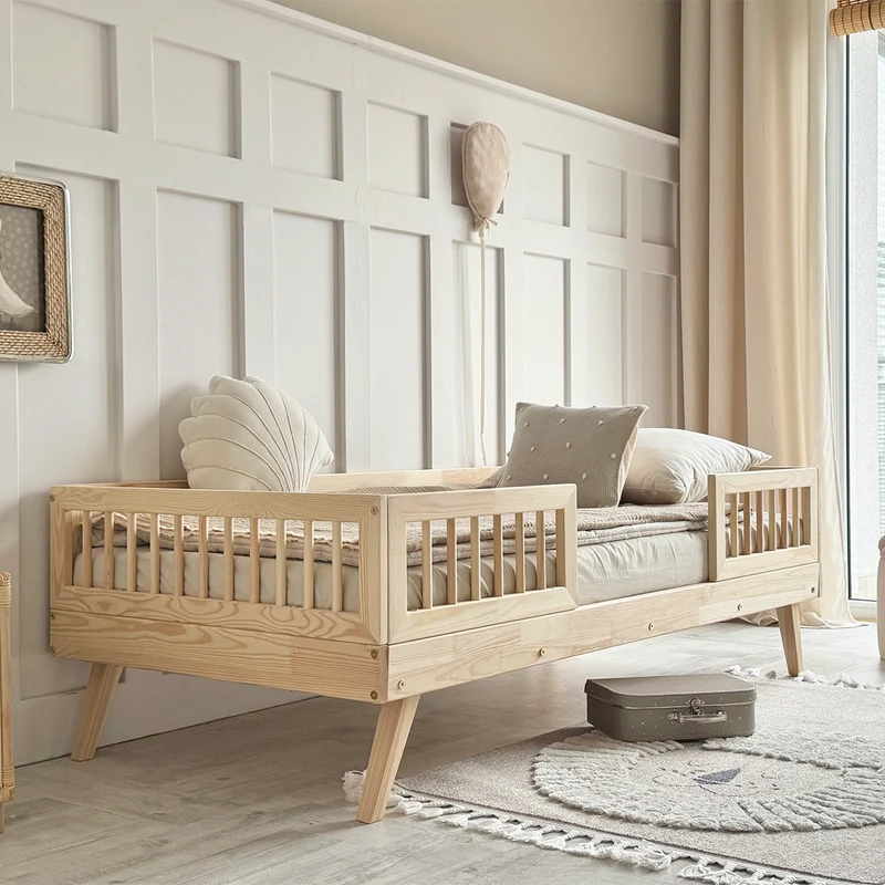 Lit 90x200 barrières et sommier inclus pieds 20 cm Maylis Bois