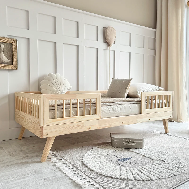 Lit 90x200 barrières et sommier inclus pieds 20 cm Maylis Bois